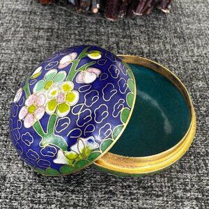 Cloisonne Cobalt Blue Floral Round Mini Trinket Jewelry Vintage Box
